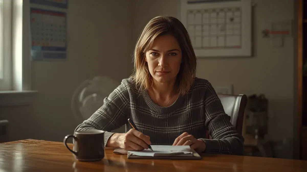 A first-time candidate organizing campaign paperwork at her kitchen table in morning light
