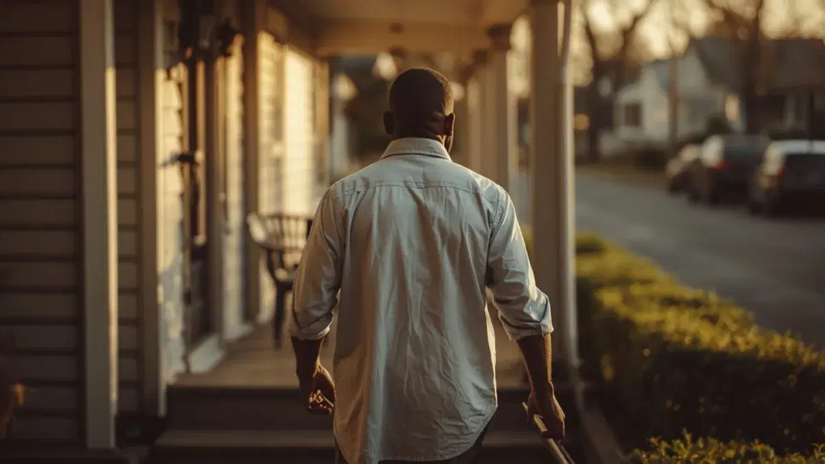 A volunteer with a clipboard walking up to a front porch on a suburban street at golden hour