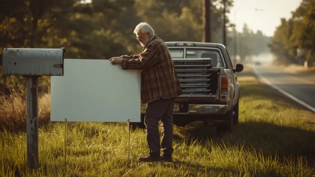 A man planting a yard sign beside a rural mailbox, with more signs stacked in his pickup truck