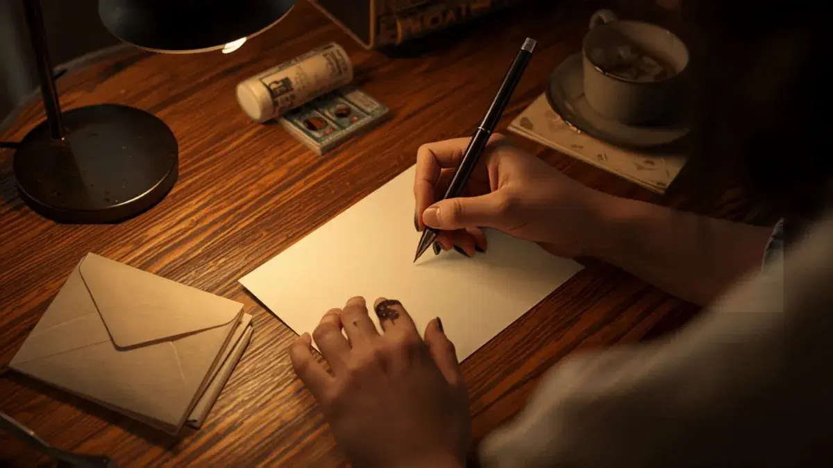 Hands writing a thank-you card at a desk with envelopes and stamps under warm lamp light