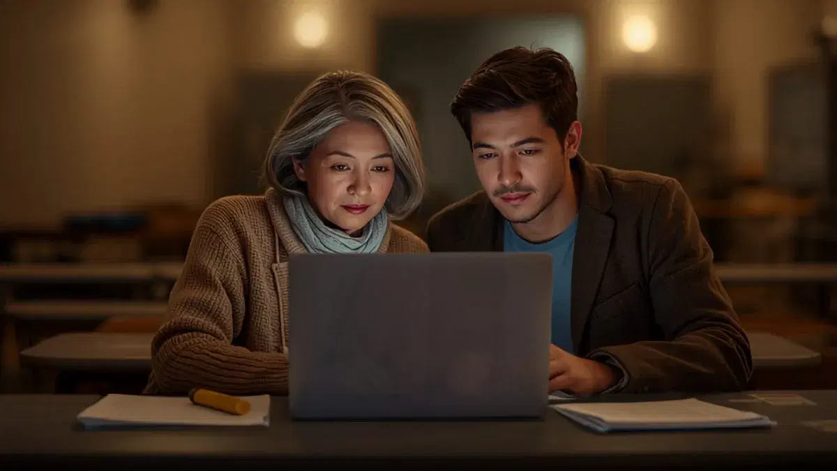 Two campaign teammates reviewing results together on a laptop in a community hall in the evening