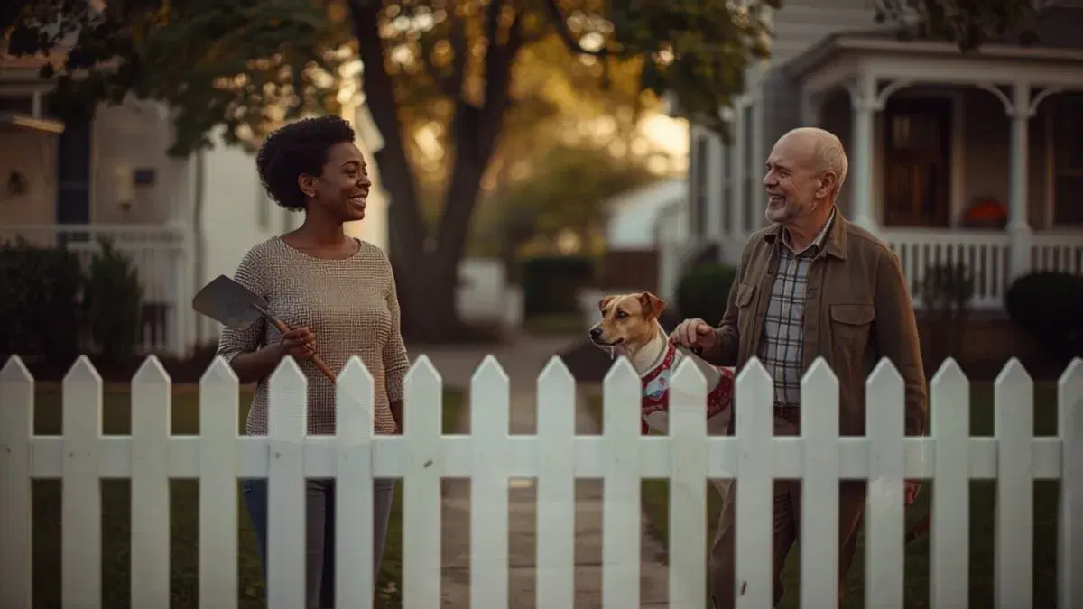Two neighbors talking over a white picket fence at golden hour, one holding a dog on a leash